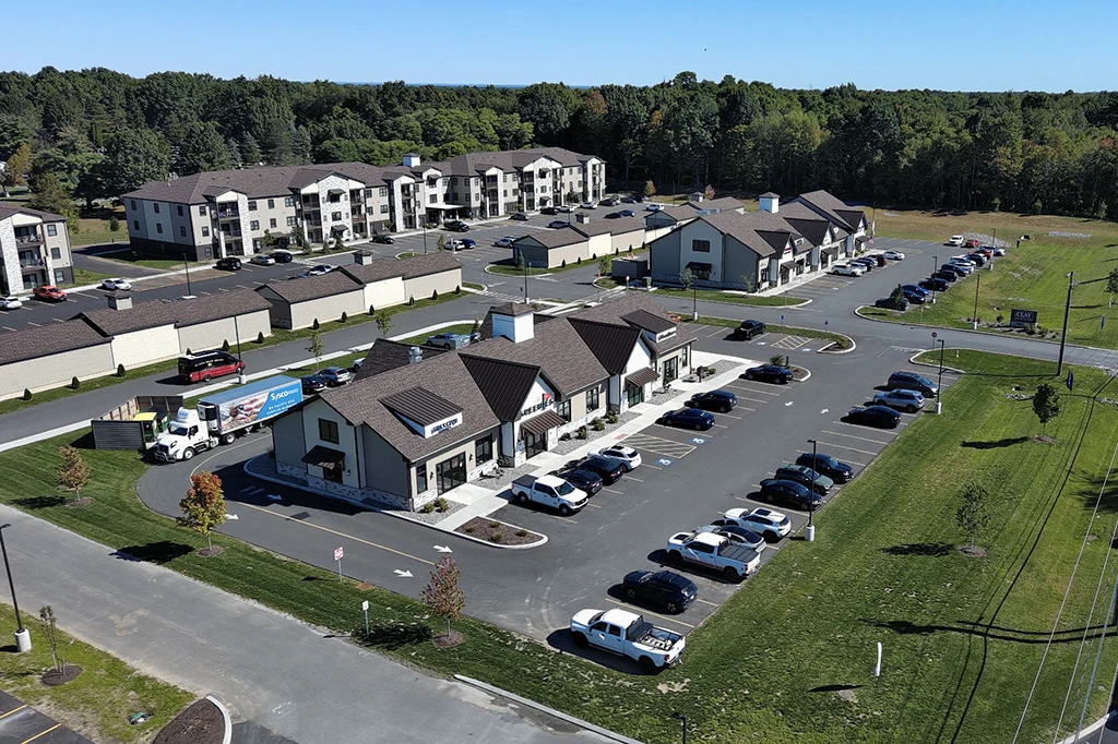 Clay Marketplace featuring David's Landing Apartments Aerial Shot